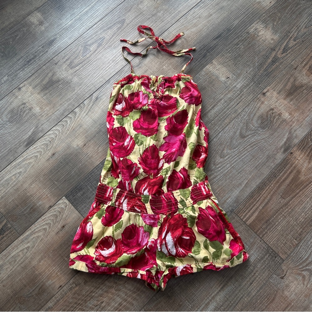 Abercrombie & Fitch Womens M Floral Smocked Romper Y2K Fairycore Pink Rose